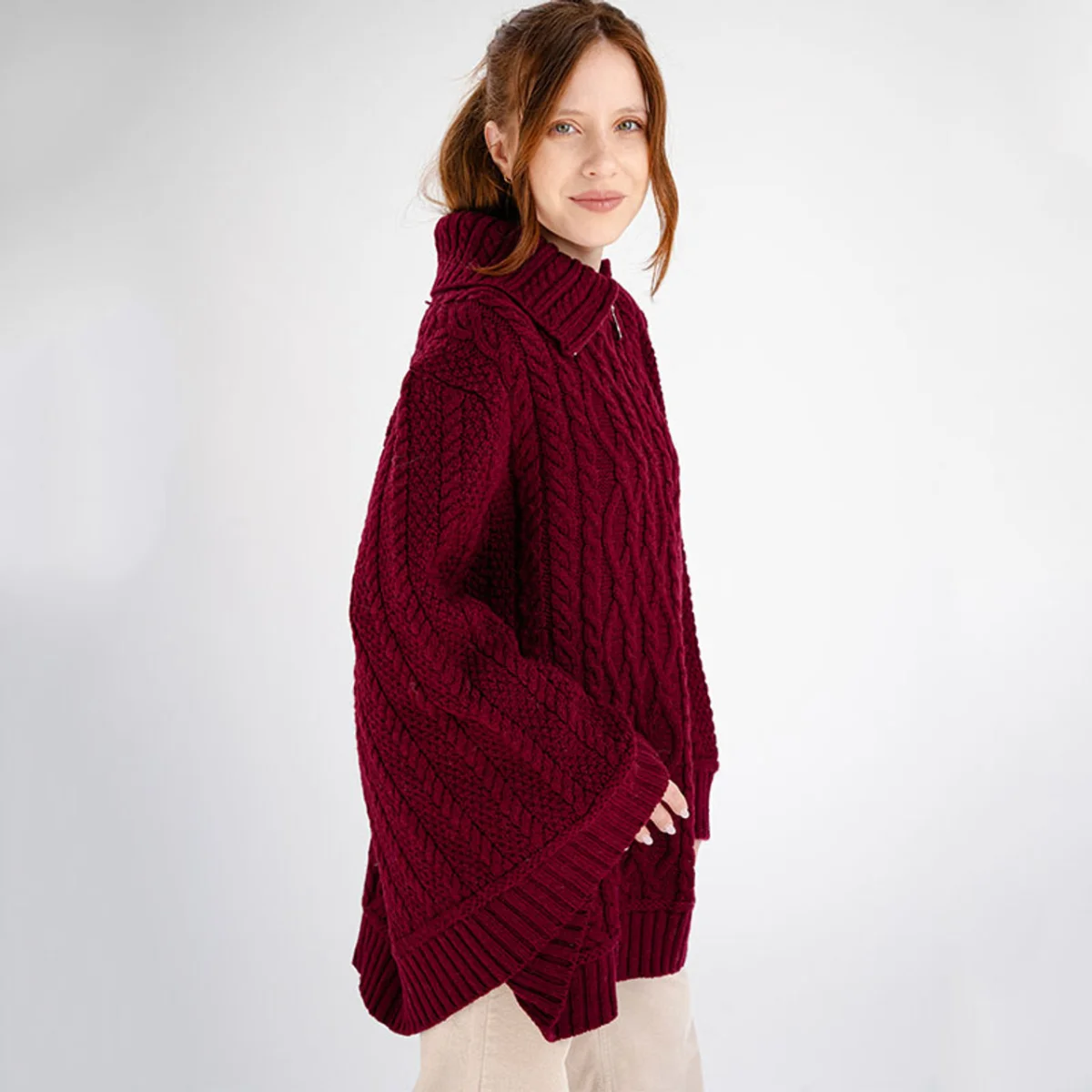100% Merino Wool Cowl Neck Zipper Poncho – Irish Aran Knit | Pregnancy-Friendly Warmth - Image 12 | Caelmoon