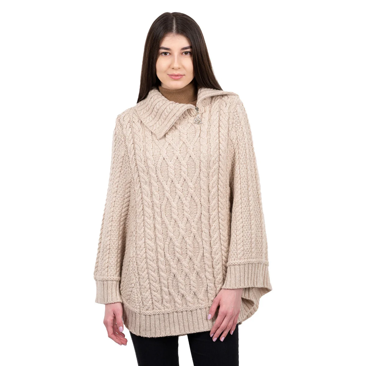 100% Merino Wool Cowl Neck Zipper Poncho – Irish Aran Knit | Pregnancy-Friendly Warmth - Image 18 | Caelmoon
