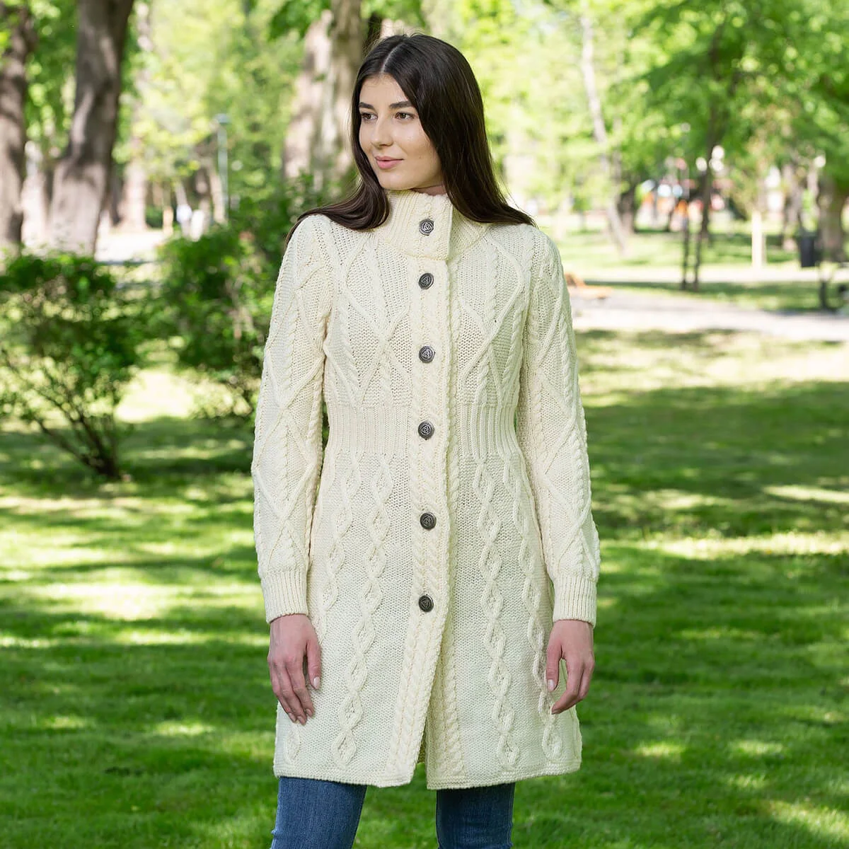 Aran Cable Signature Coat – Merino Wool Irish Knitwear - Image 2 | Caelmoon