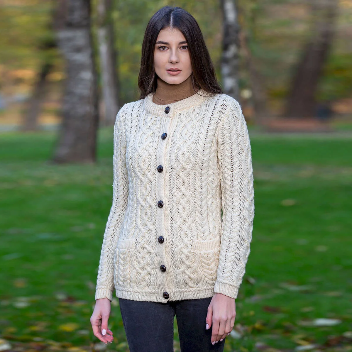 Aran Knit Ladies Cardigan with Leather Buttons – Women’s Cable Wool Sweater Coat - Image 4 | Caelmoon