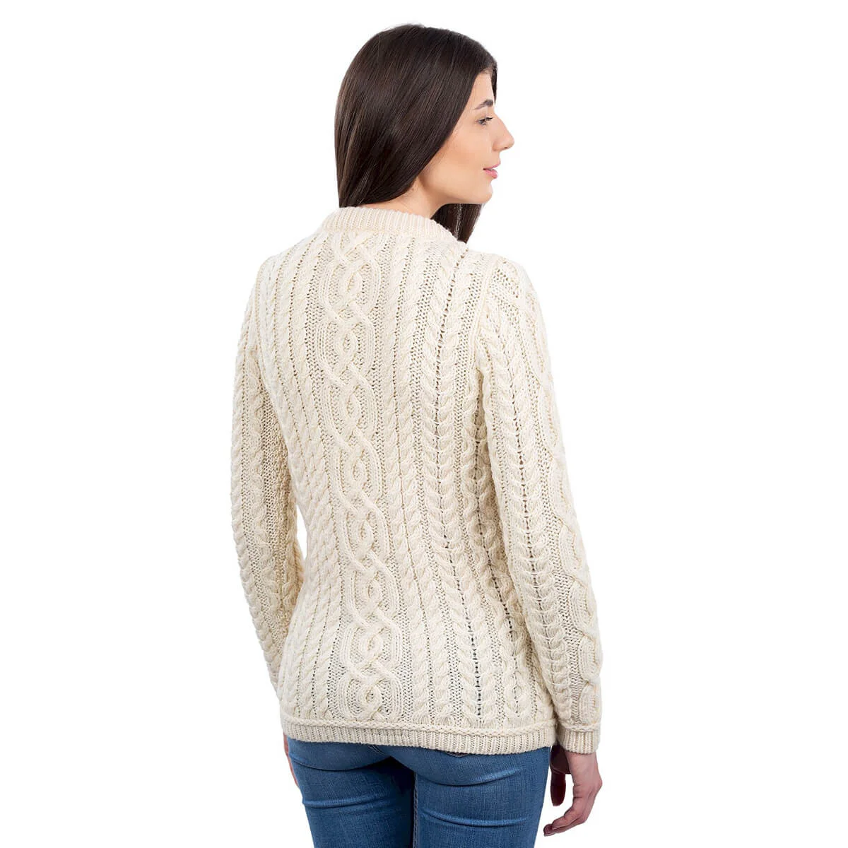 Aran Knit Ladies Cardigan with Leather Buttons – Women’s Cable Wool Sweater Coat - Image 6 | Caelmoon