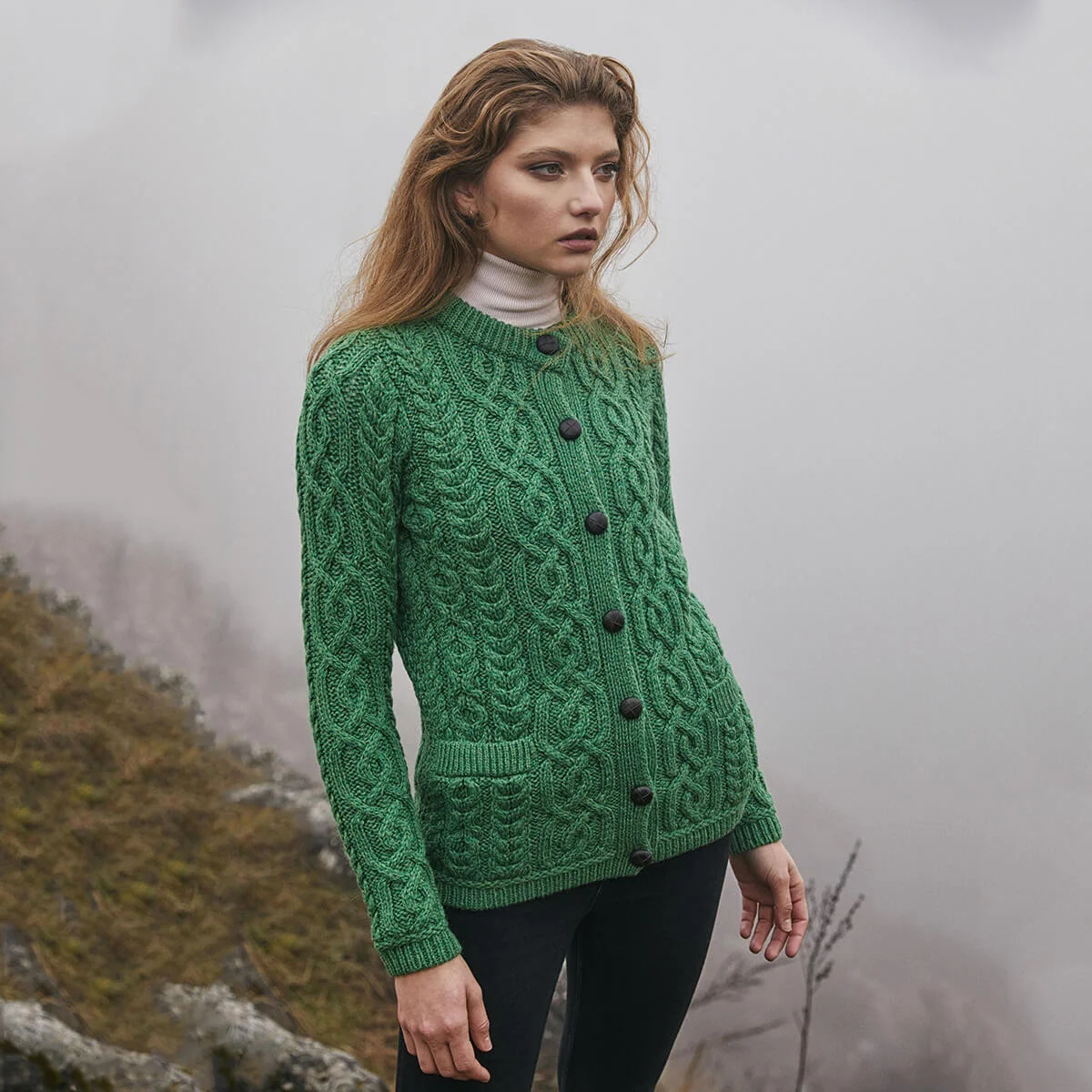 Aran Knit Ladies Cardigan with Leather Buttons – Women’s Cable Wool Sweater Coat - Image 10 | Caelmoon