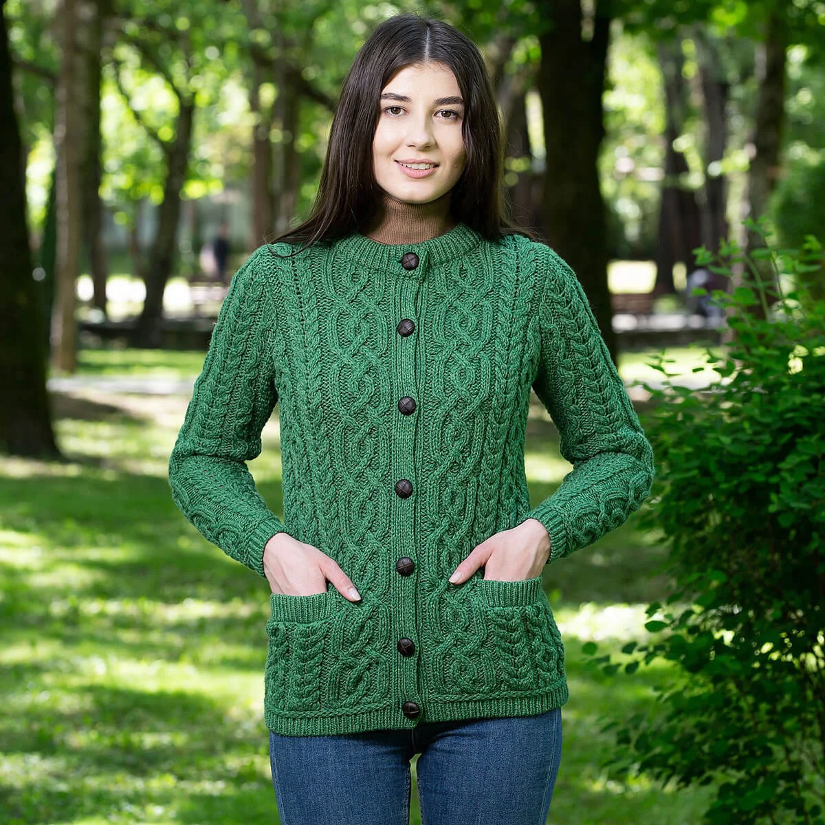 Aran Knit Ladies Cardigan with Leather Buttons – Women’s Cable Wool Sweater Coat - Image 11 | Caelmoon