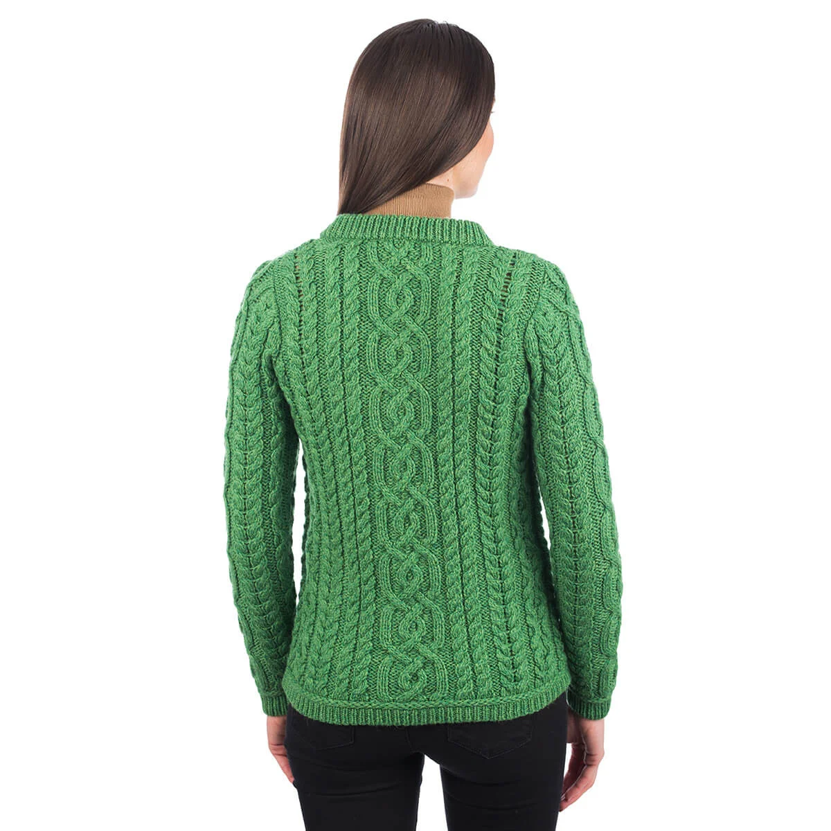 Aran Knit Ladies Cardigan with Leather Buttons – Women’s Cable Wool Sweater Coat - Image 13 | Caelmoon