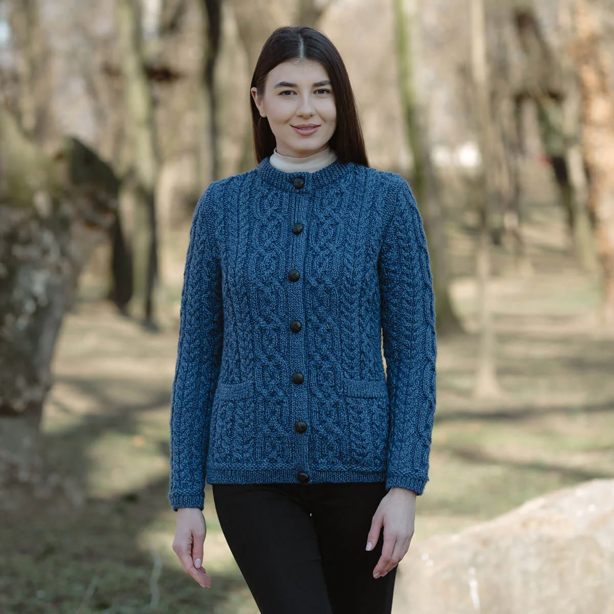 Aran Knit Ladies Cardigan with Leather Buttons – Women’s Cable Wool Sweater Coat - Image 15 | Caelmoon