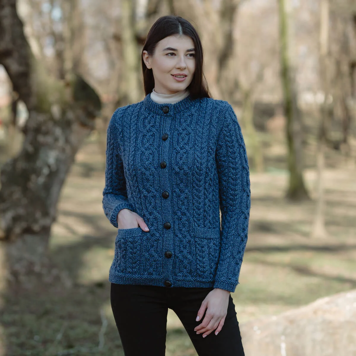 Aran Knit Ladies Cardigan with Leather Buttons – Women’s Cable Wool Sweater Coat - Image 16 | Caelmoon