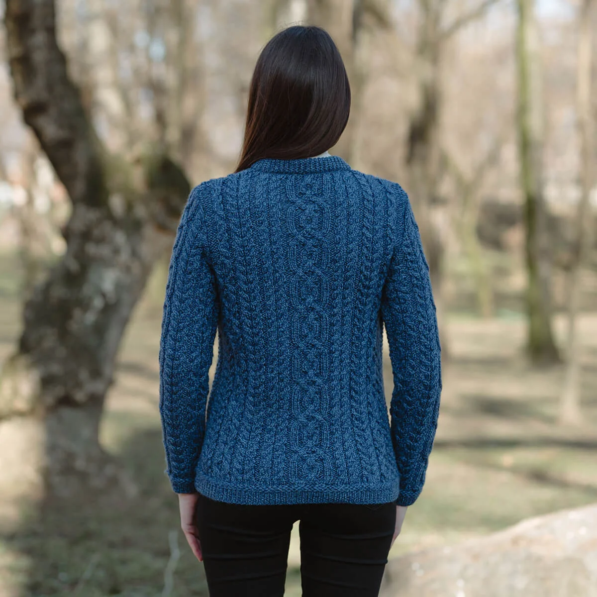Aran Knit Ladies Cardigan with Leather Buttons – Women’s Cable Wool Sweater Coat - Image 18 | Caelmoon