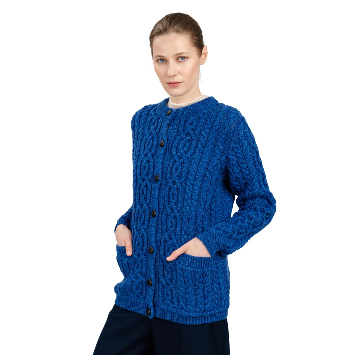Aran Knit Ladies Cardigan with Leather Buttons – Women’s Cable Wool Sweater Coat - Image 20 | Caelmoon