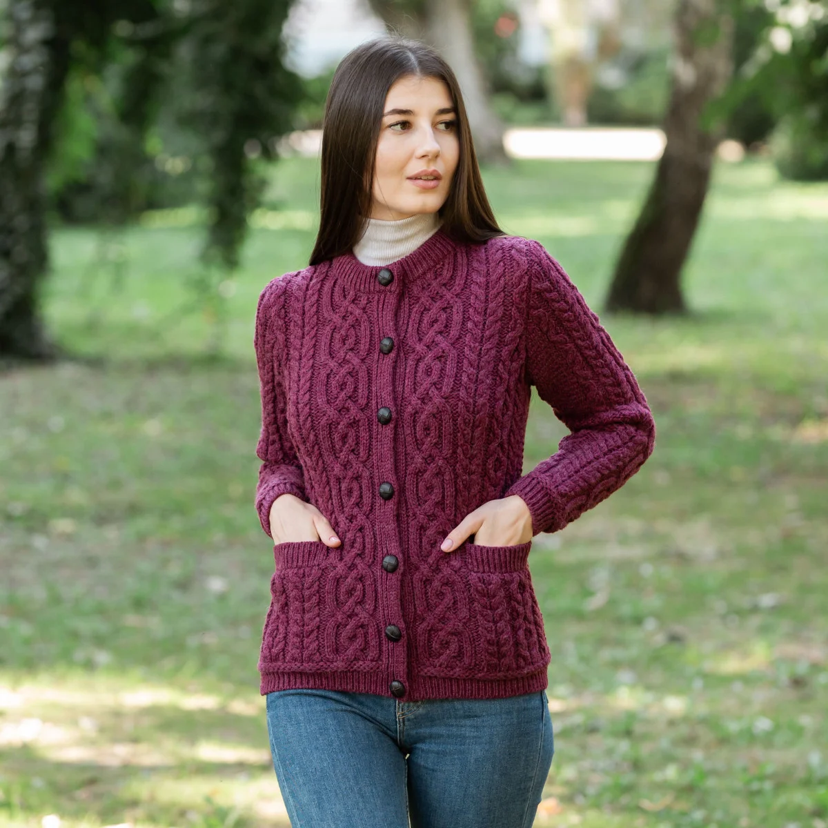 Aran Knit Ladies Cardigan with Leather Buttons – Women’s Cable Wool Sweater Coat - Image 23 | Caelmoon