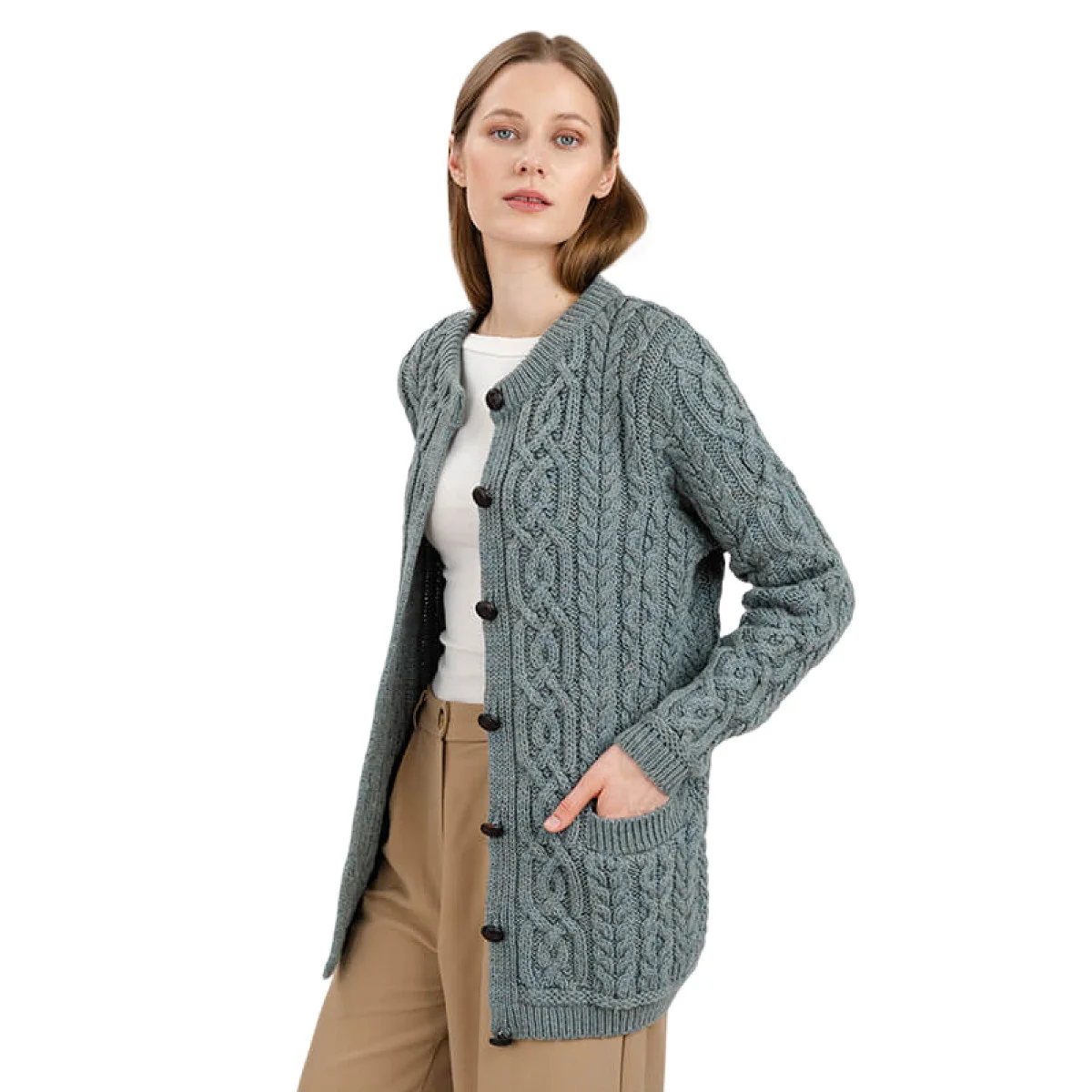 Aran Knit Ladies Cardigan with Leather Buttons – Women’s Cable Wool Sweater Coat - Image 31 | Caelmoon