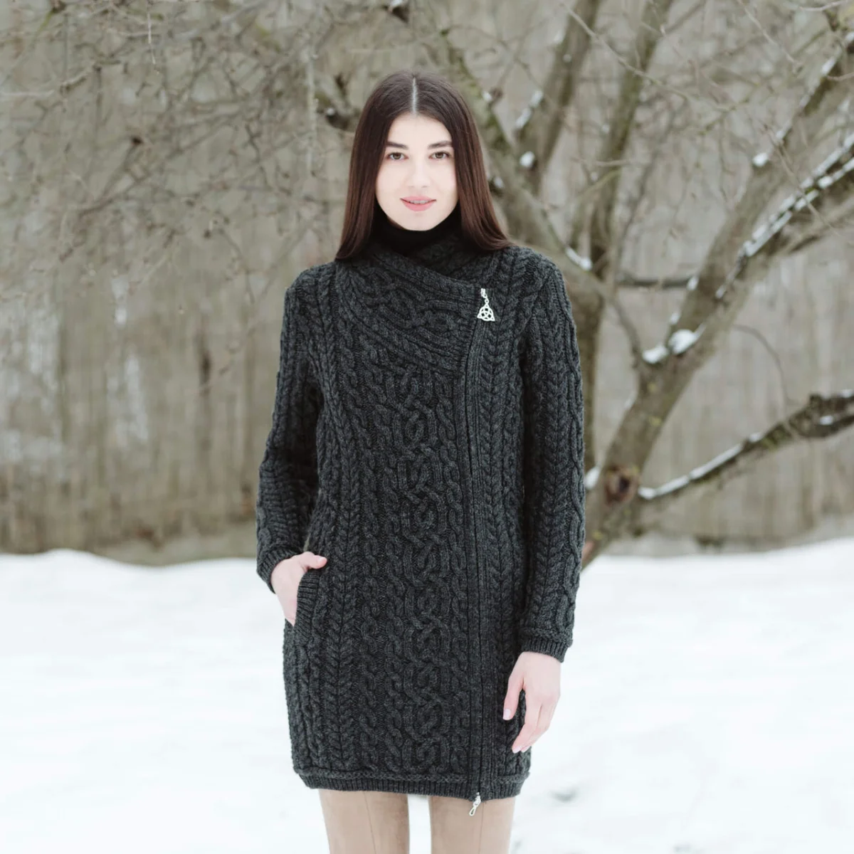 Cable Knit Side Zip Long Cardigan – Merino Wool Irish Knitwear | Caelmoon