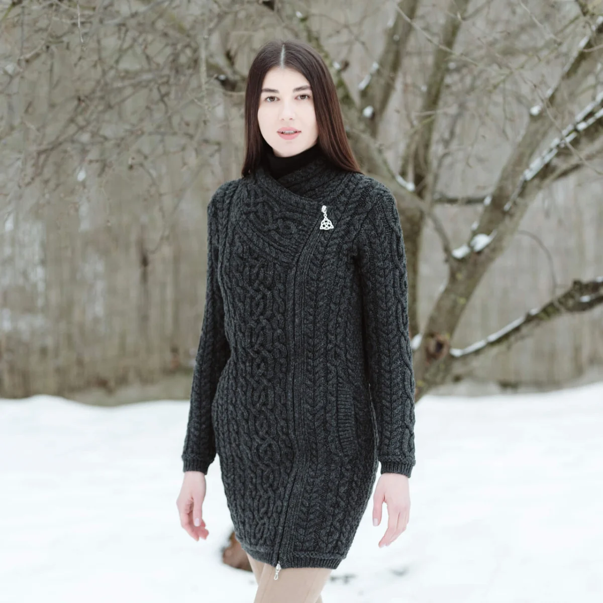 Cable Knit Side Zip Long Cardigan – Merino Wool Irish Knitwear - Image 2 | Caelmoon