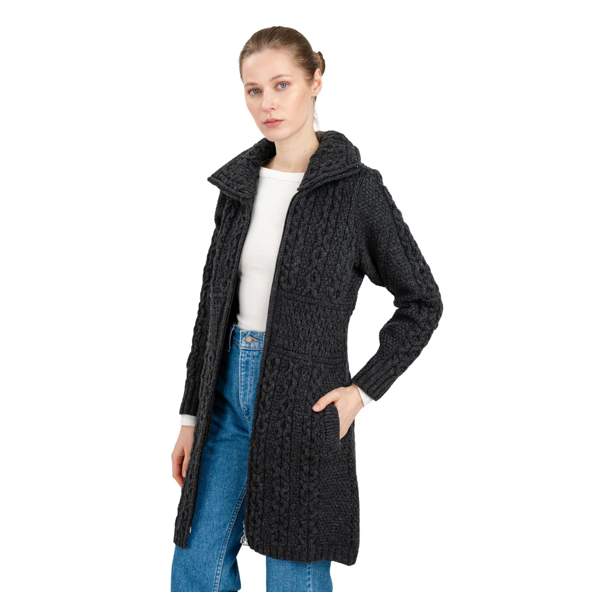 Double Collar Zip Cardigan – 100% Merino Wool Irish Knit Sweater - Image 9 | Caelmoon