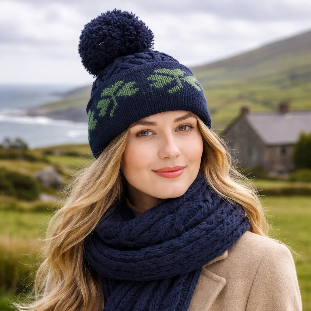 Green Shamrock Wool Hat – Irish Merino Wool Knit Beanie with Pom Pom | Caelmoon