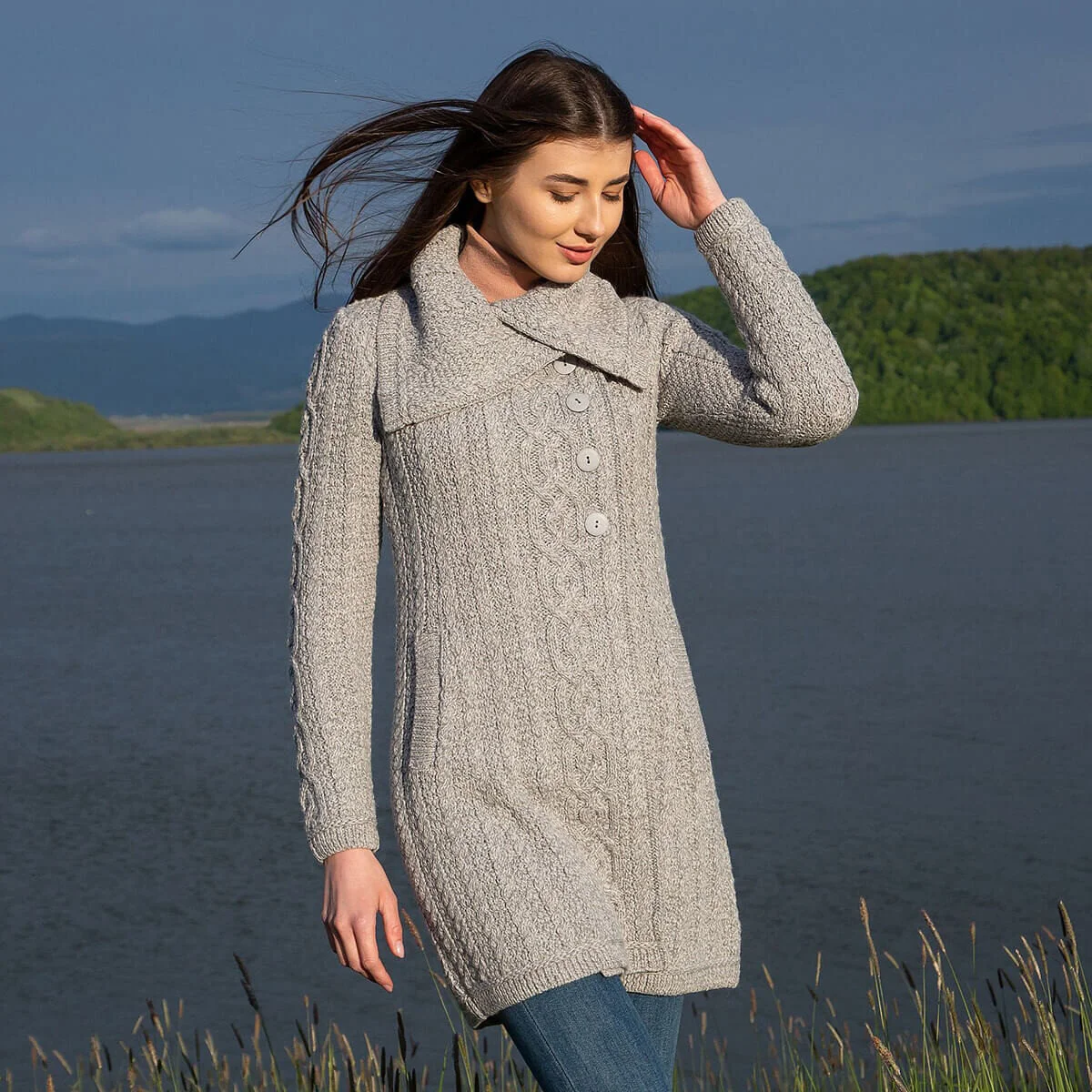 Irish Ladies 4 Button Collar Merino Wool Cable Knit Coat – Made in Ireland - Image 7 | Caelmoon