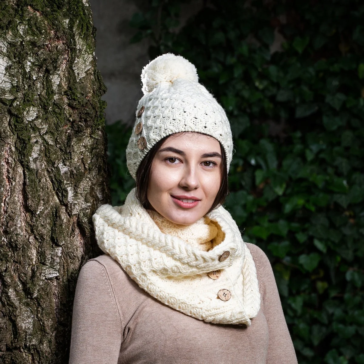 Ladies Button Pom-Pom Wool Hat – Cable Knit Winter Beanie | Caelmoon