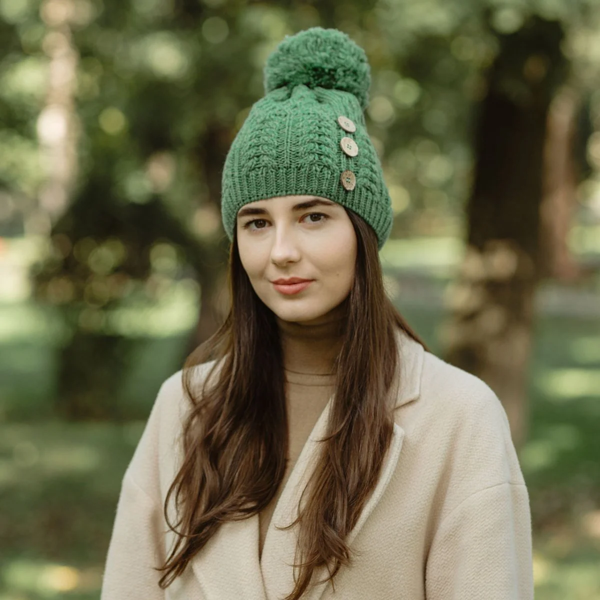 Ladies Button Pom-Pom Wool Hat – Cable Knit Winter Beanie - Image 7 | Caelmoon