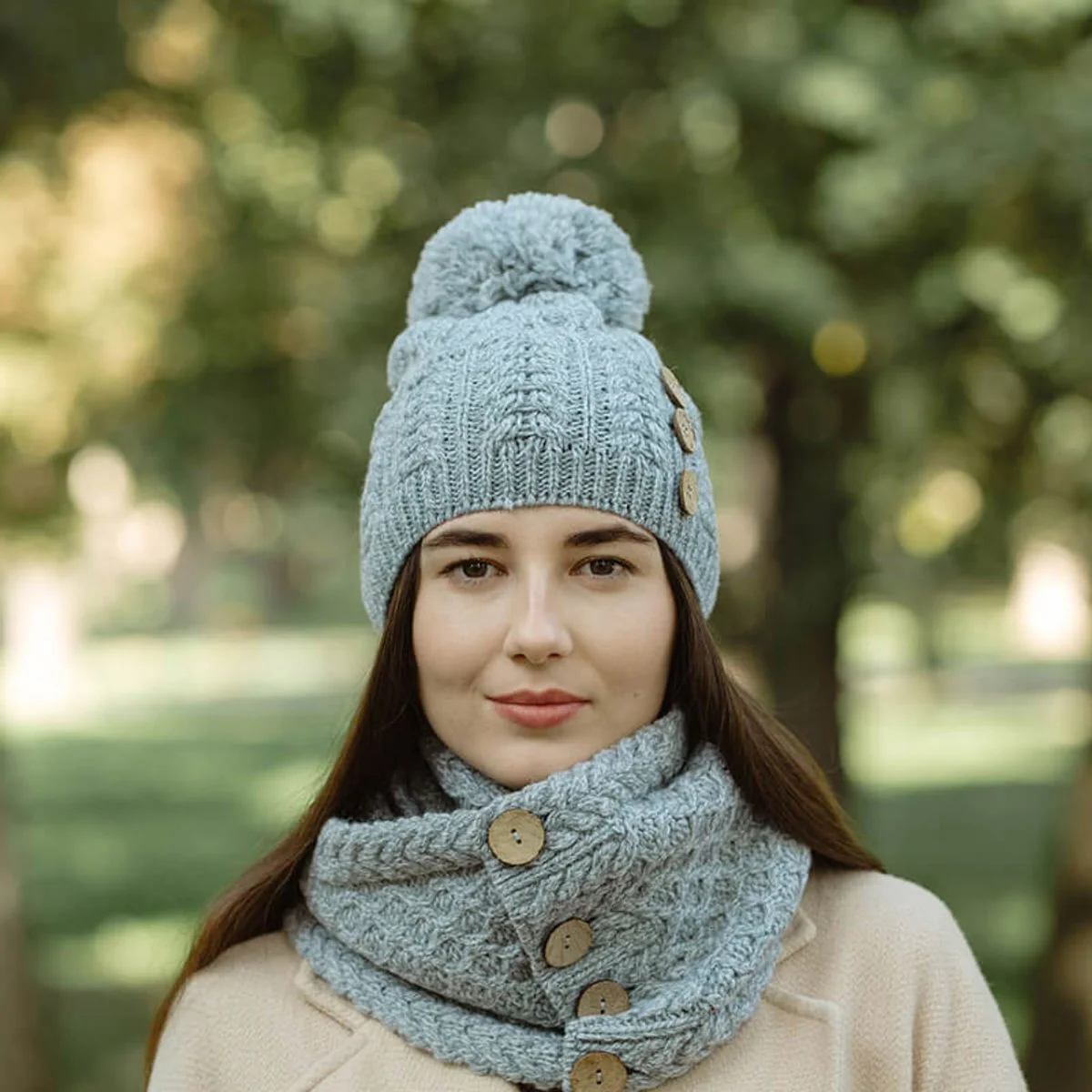 Ladies Button Pom-Pom Wool Hat – Cable Knit Winter Beanie - Image 9 | Caelmoon