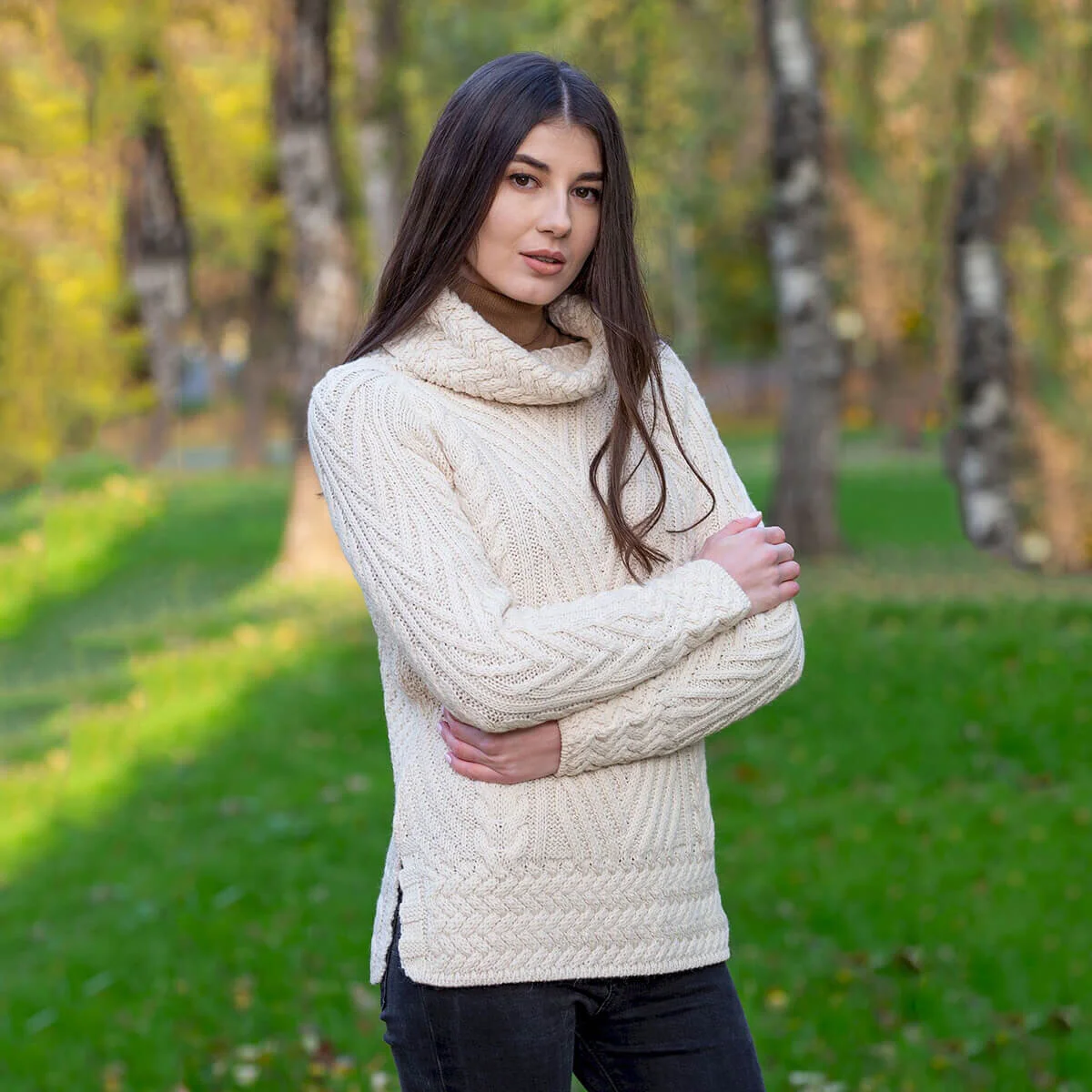 Ladies Merino Wool Blend Turtleneck Cable Knit Sweater – Aran Ribbed Pullover | Caelmoon