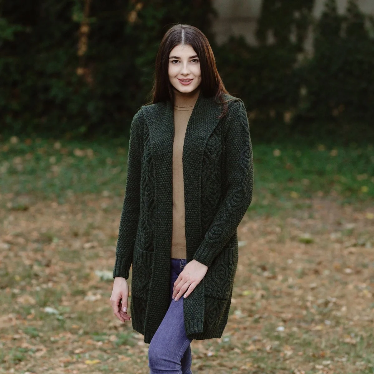 Ladies Merino Wool Long Hooded Cardigan – Classic Fit Aran Knit Open Front Sweater - Image 7 | Caelmoon