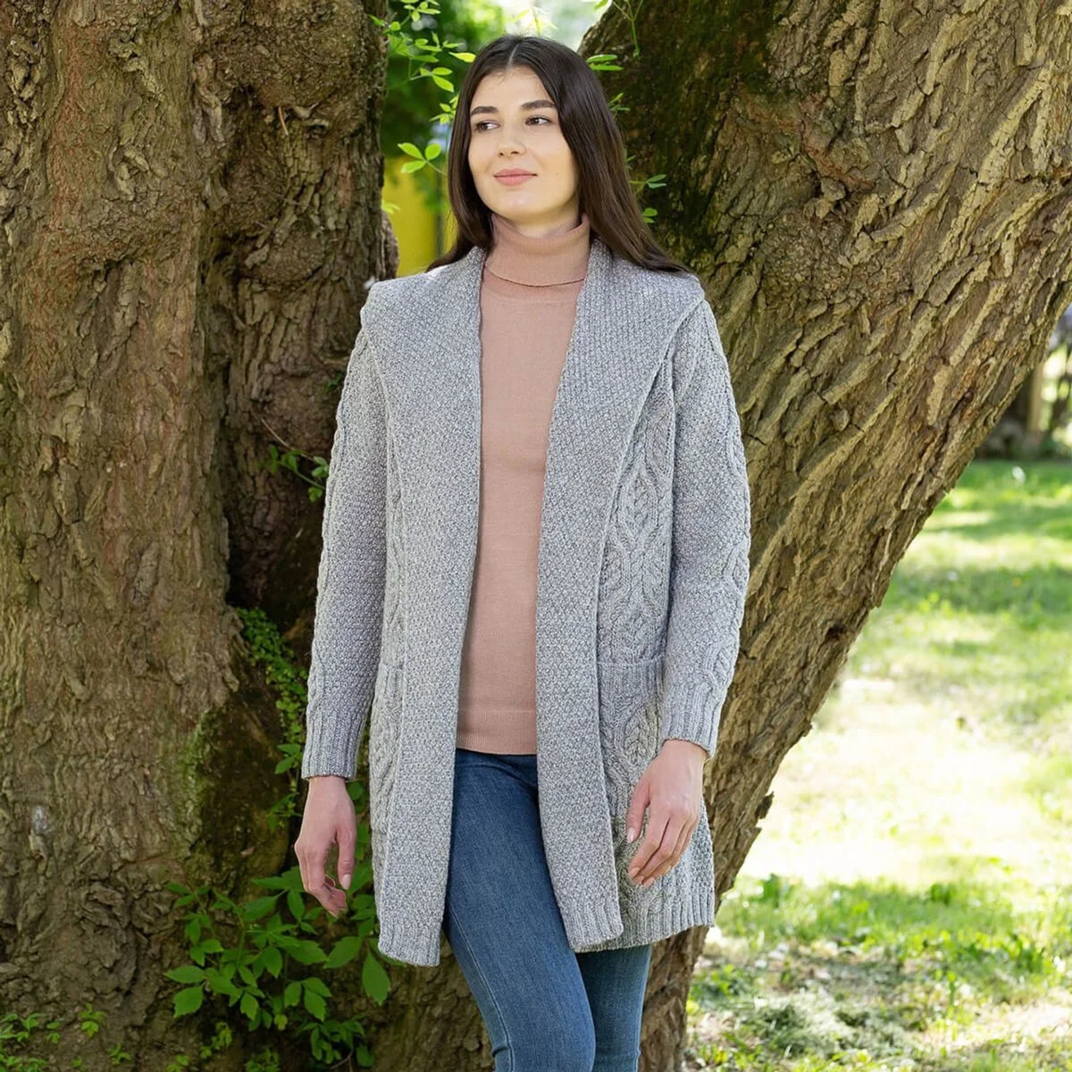 Ladies Merino Wool Long Hooded Cardigan – Classic Fit Aran Knit Open Front Sweater - Image 5 | Caelmoon