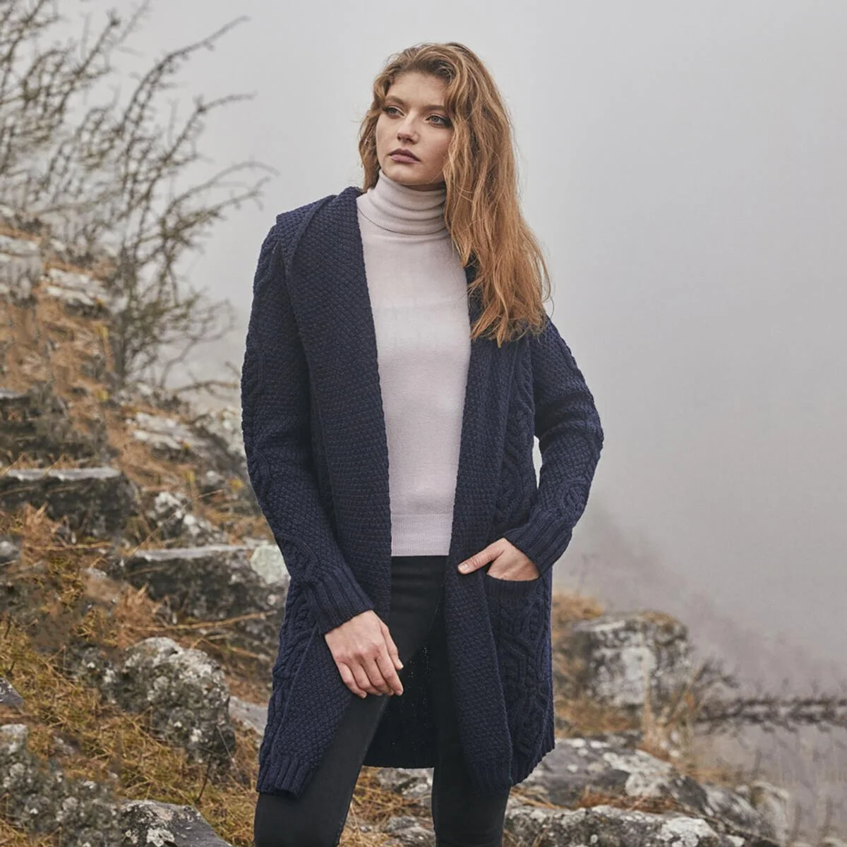Ladies Merino Wool Long Hooded Cardigan – Classic Fit Aran Knit Open Front Sweater - Image 9 | Caelmoon