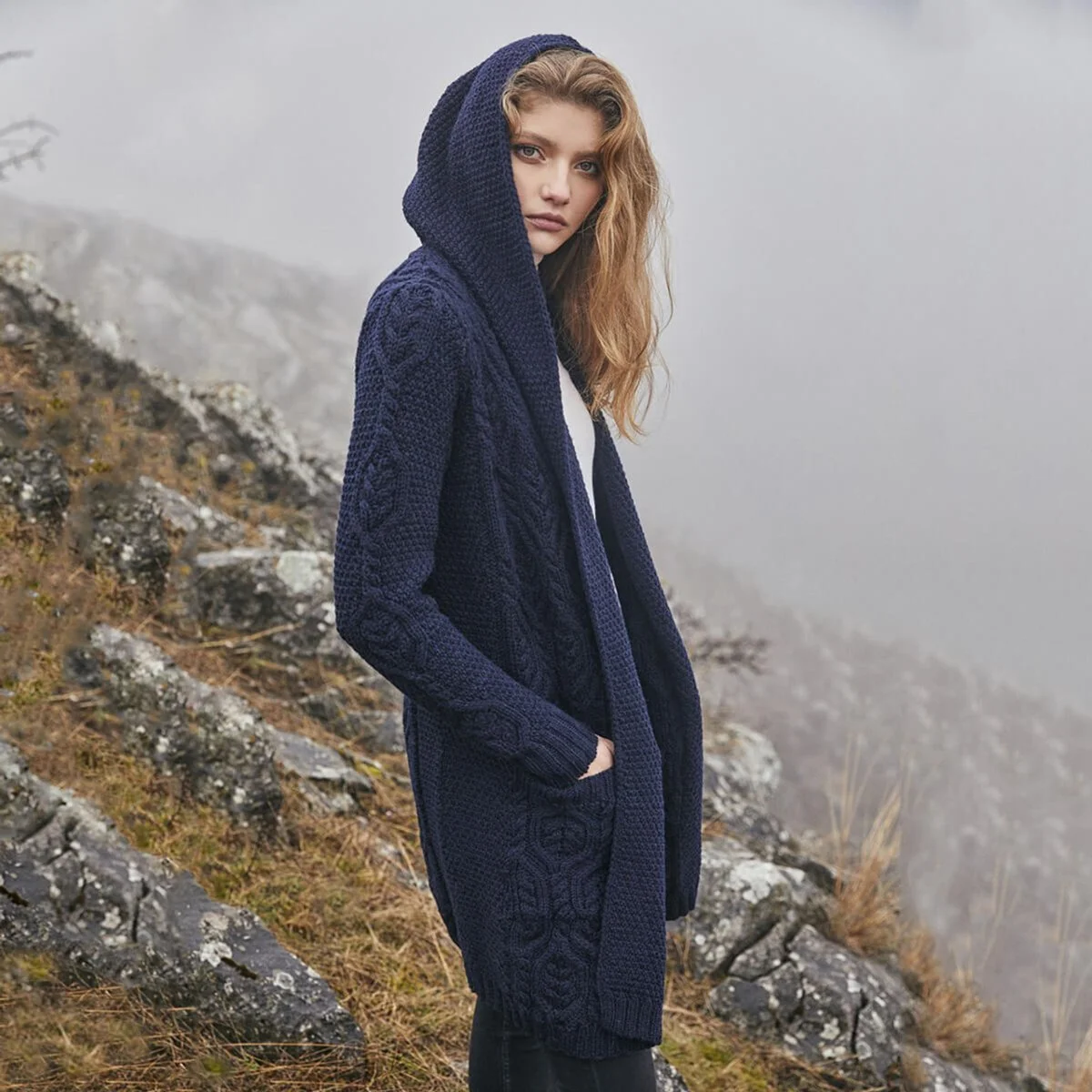 Ladies Merino Wool Long Hooded Cardigan – Classic Fit Aran Knit Open Front Sweater - Image 10 | Caelmoon