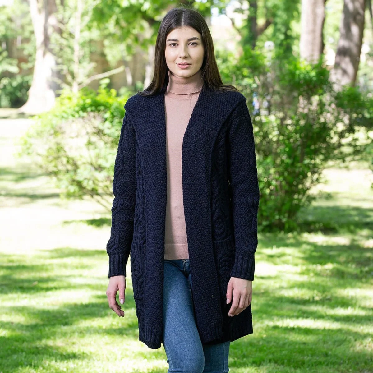 Ladies Merino Wool Long Hooded Cardigan – Classic Fit Aran Knit Open Front Sweater - Image 11 | Caelmoon