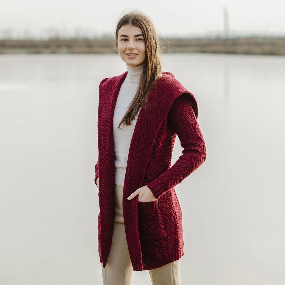 Ladies Merino Wool Long Hooded Cardigan – Classic Fit Aran Knit Open Front Sweater - Image 12 | Caelmoon