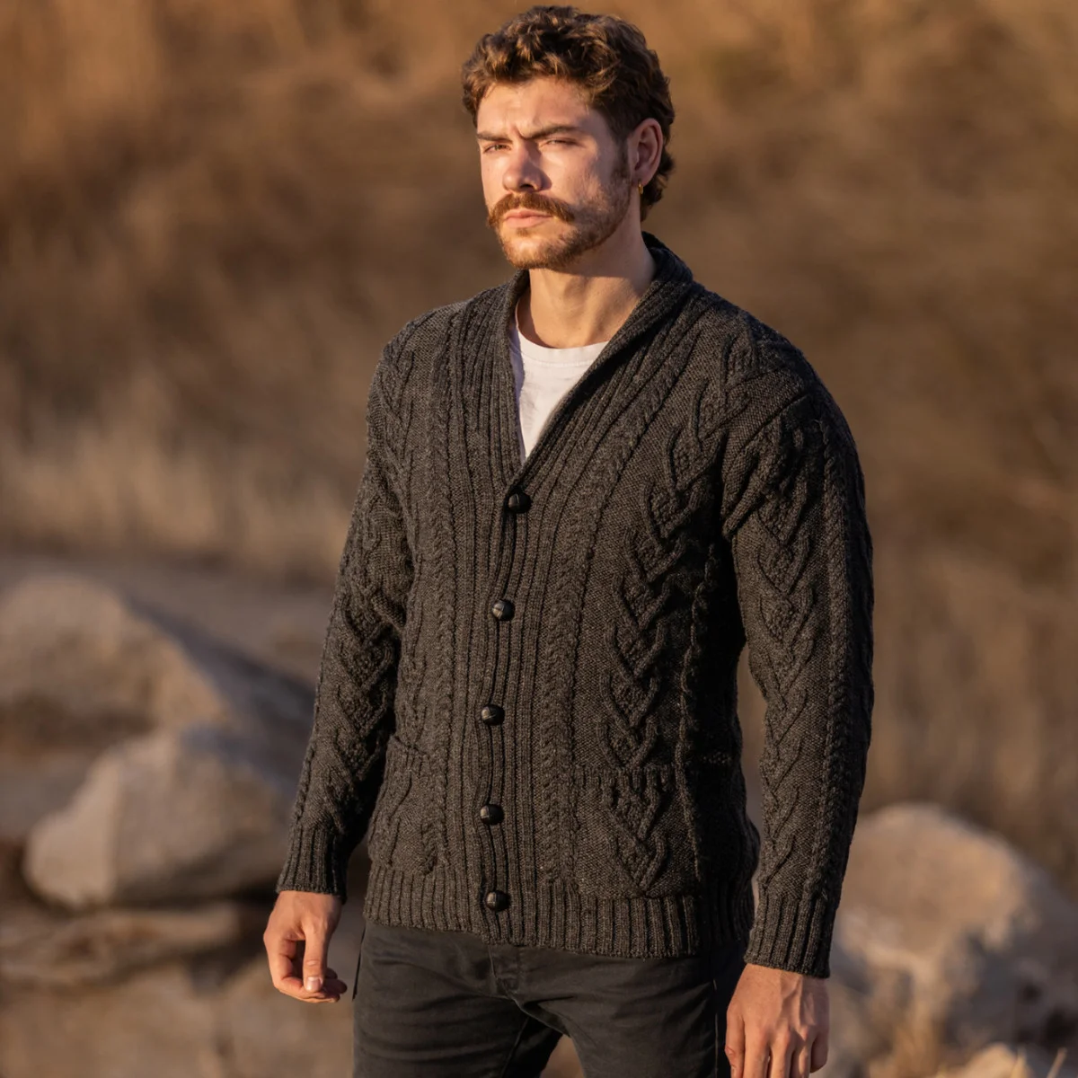 Men’s Aran Cable Shawl Collar Cardigan – 100% Merino Wool Irish Knit - Knitwear | Caelmoon