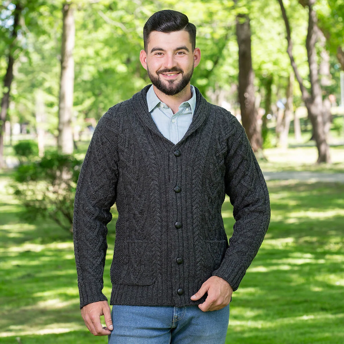 Men’s Aran Cable Shawl Collar Cardigan – 100% Merino Wool Irish Knit - Image 4 | Caelmoon
