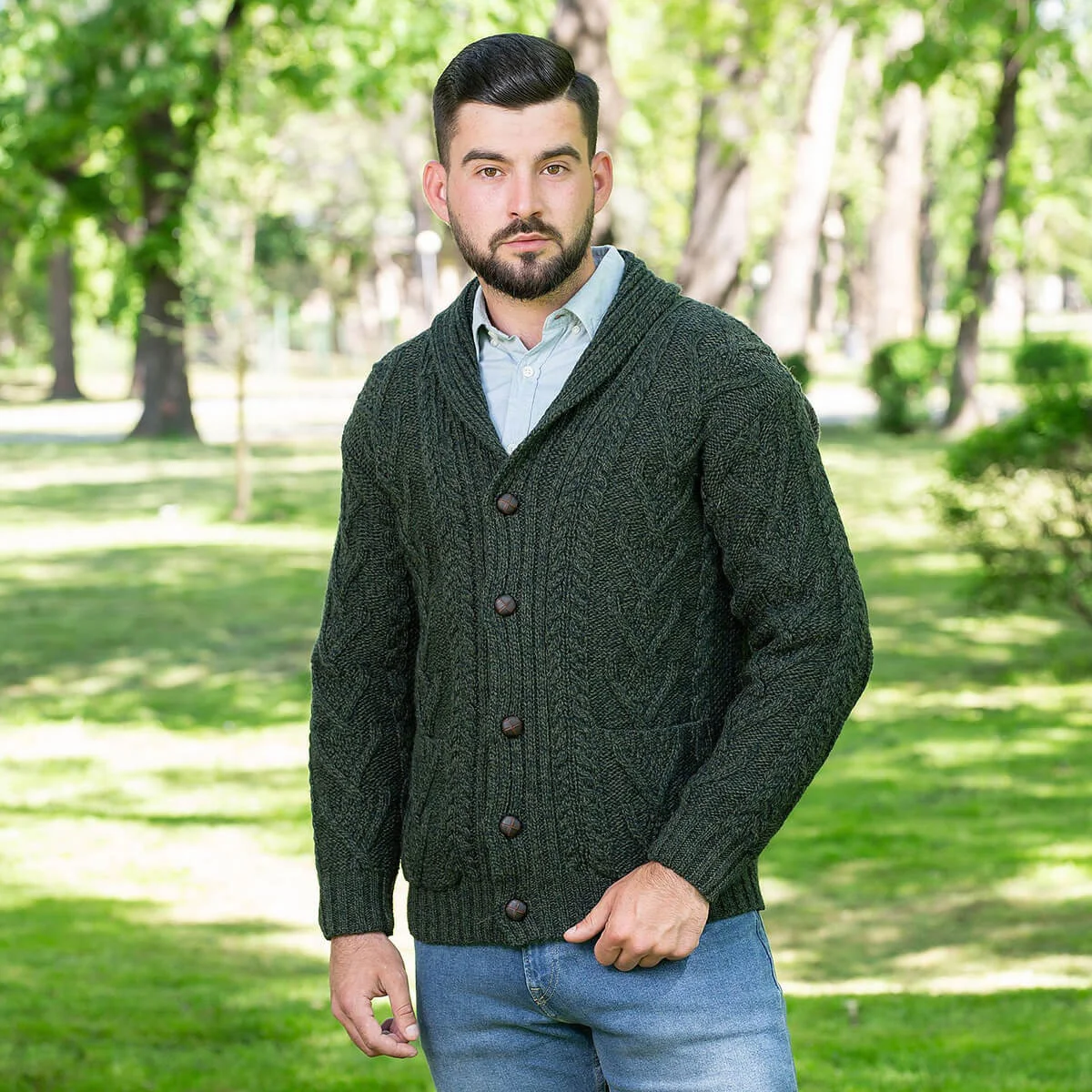 Men’s Aran Cable Shawl Collar Cardigan – 100% Merino Wool Irish Knit - Image 9 | Caelmoon