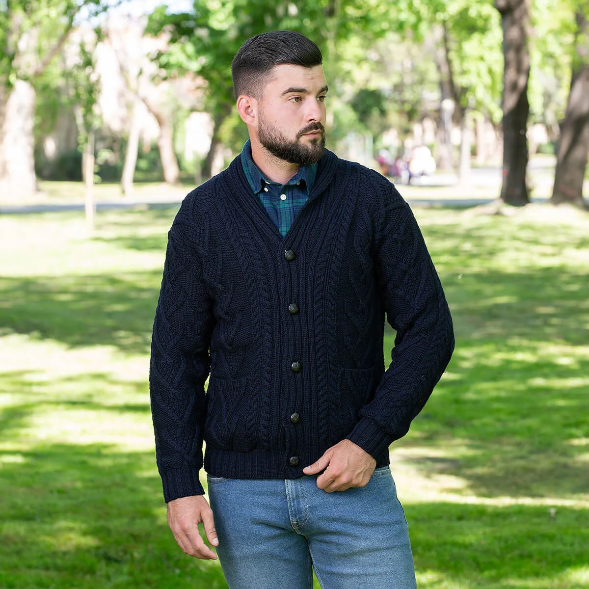 Men’s Aran Cable Shawl Collar Cardigan – 100% Merino Wool Irish Knit - Image 15 | Caelmoon