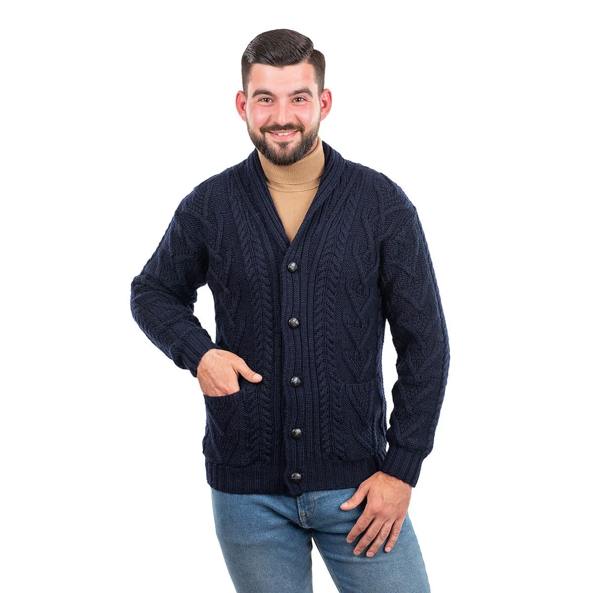 Men’s Aran Cable Shawl Collar Cardigan – 100% Merino Wool Irish Knit - Image 19 | Caelmoon