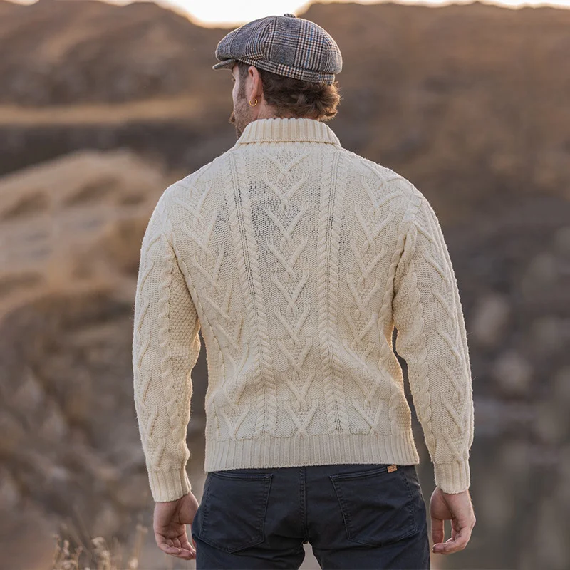 Men’s Merino Wool Shawl Collar Sweater – Single Button Irish Knit - Image 7 | Caelmoon