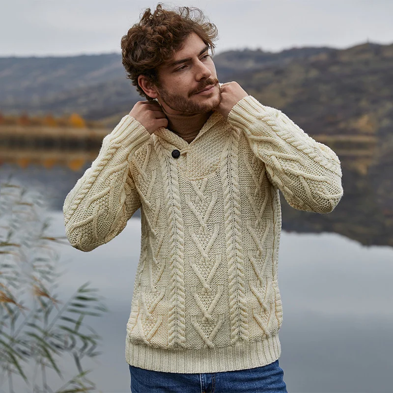 Men’s Merino Wool Shawl Collar Sweater – Single Button Irish Knit - Knitwear | Caelmoon