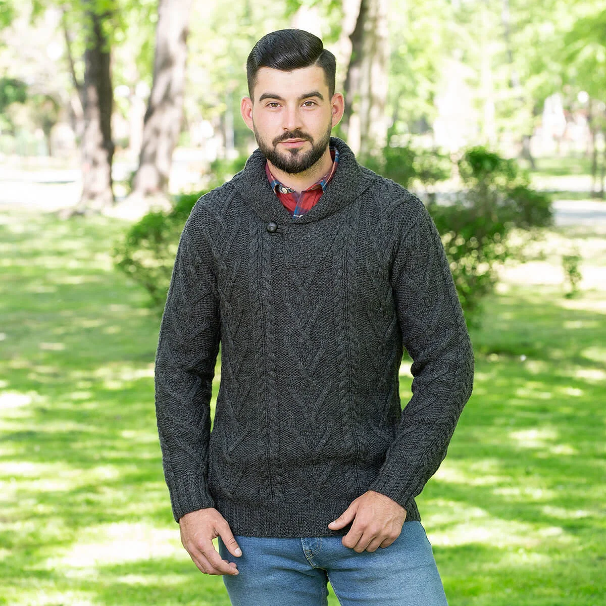 Men’s Merino Wool Shawl Collar Sweater – Single Button Irish Knit - Image 2 | Caelmoon