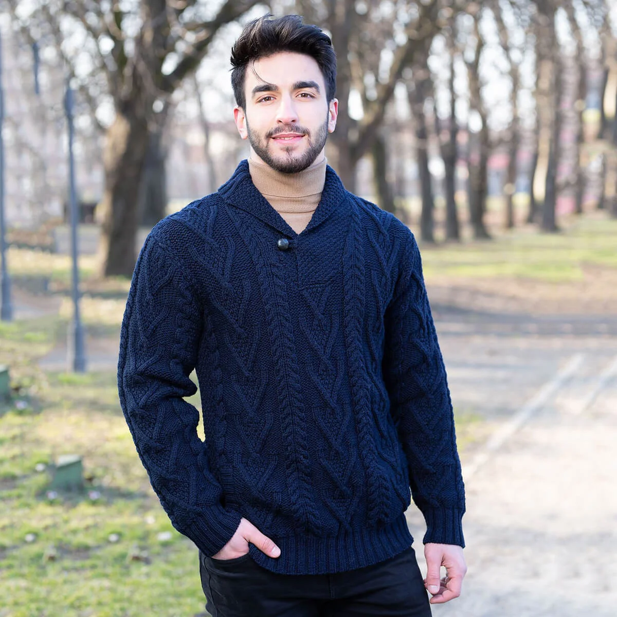 Men’s Merino Wool Shawl Collar Sweater – Single Button Irish Knit - Image 19 | Caelmoon