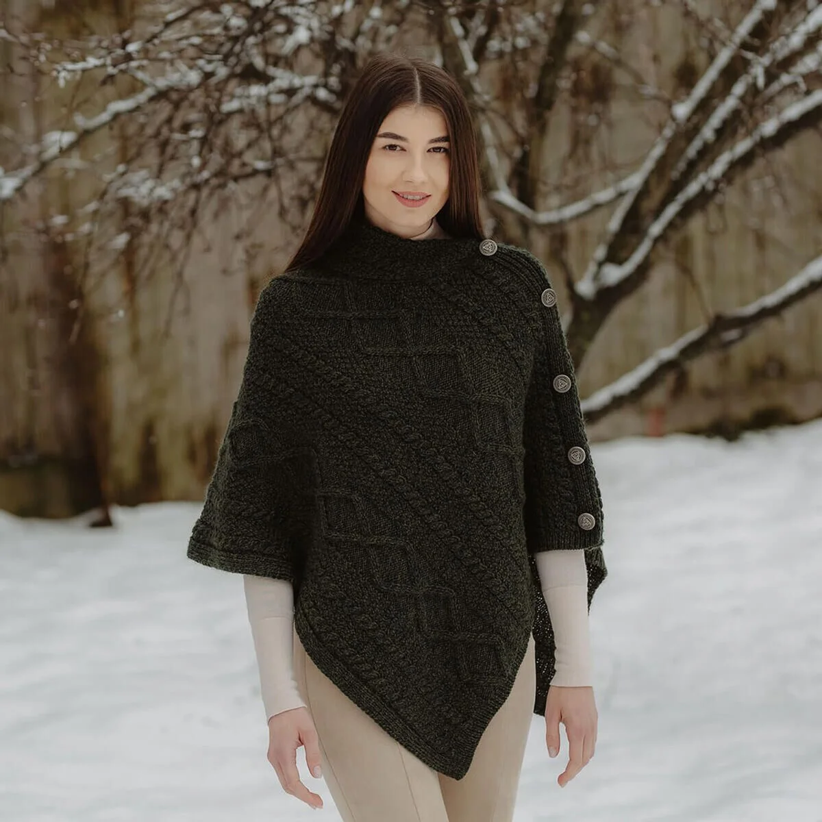 Merino Wool Cable Stitch Cowl Neck Poncho | Celtic Buttoned Irish Wrap - Image 6 | Caelmoon