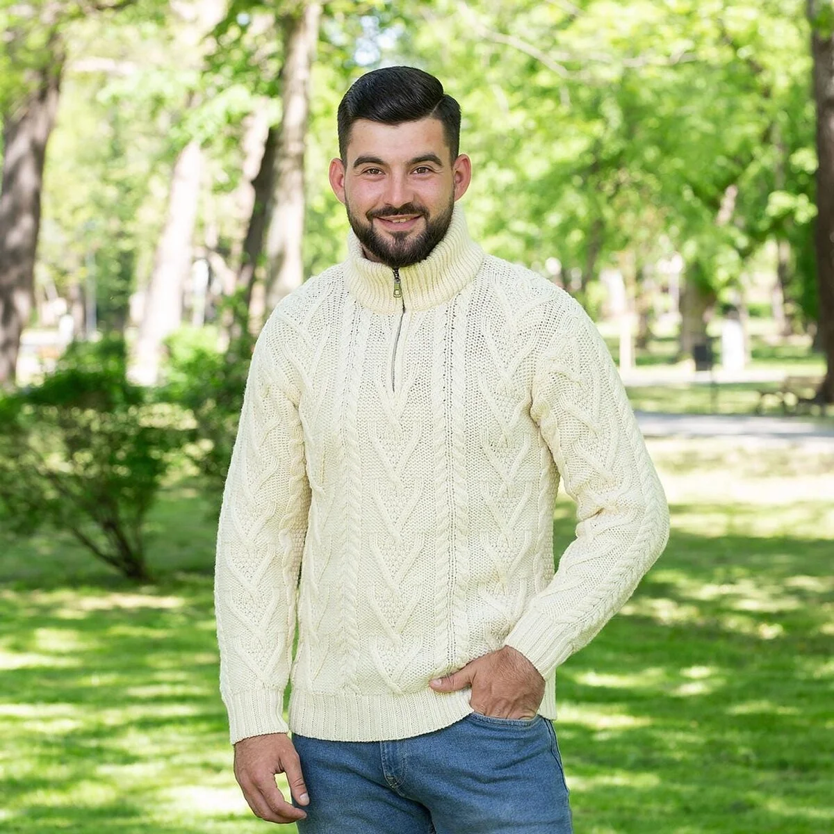 Merino Wool Aran Knit Men's Zip Sweater - Image 5 | Caelmoon