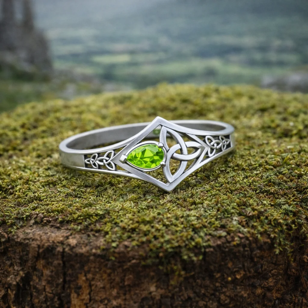 Peridot Gemstone Trinity Knot Engraved Silver Ring – Celtic Symbol Jewelry - Featured Product | Caelmoon