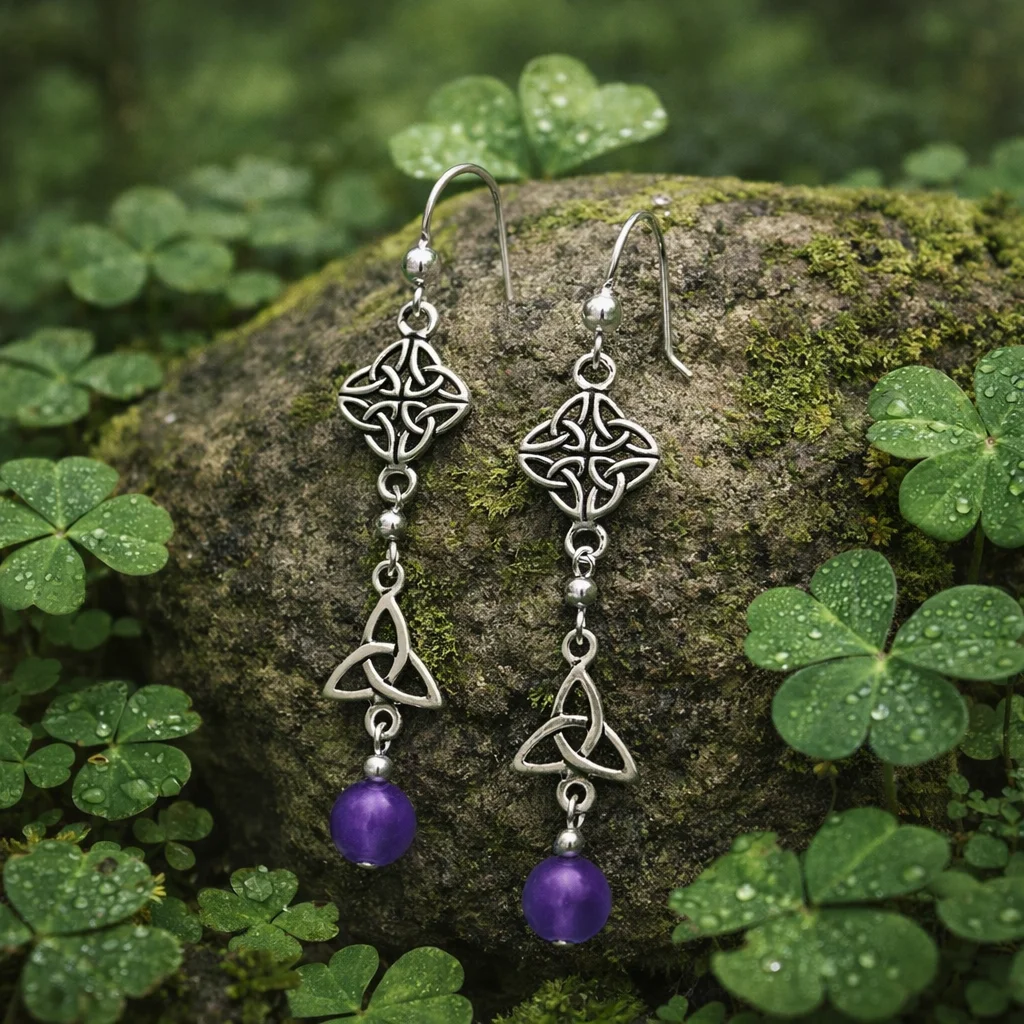 Silver Celtic Knot Drop Earrings with Amethyst Bead – Heritage Jewelry - Jewelry | Caelmoon
