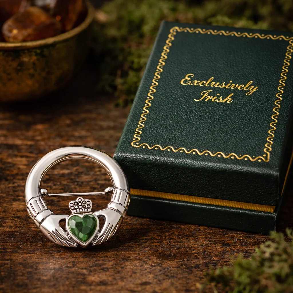 Silver Irish Claddagh Brooch with Gemstone – Celtic Heritage Jewelry Gift | Caelmoon