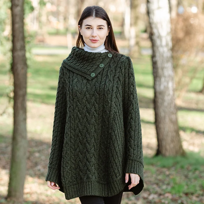 Women’s Cowl Neck Button Poncho – Pure Merino Wool - Image 2 | Caelmoon