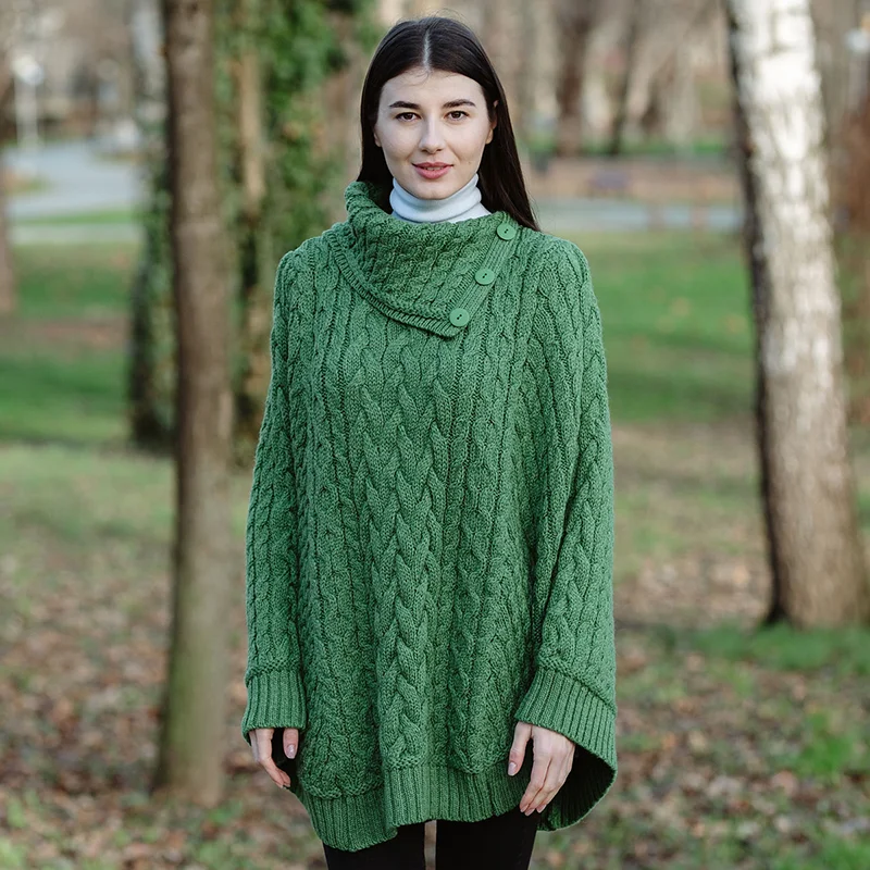 Women’s Cowl Neck Button Poncho – Pure Merino Wool - Image 3 | Caelmoon