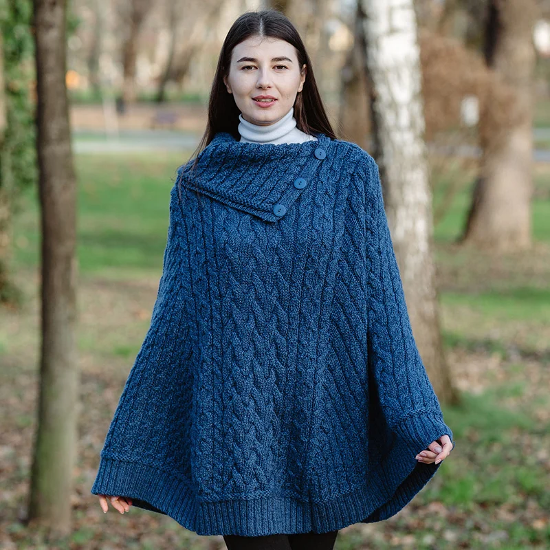 Women’s Cowl Neck Button Poncho – Pure Merino Wool - Image 7 | Caelmoon