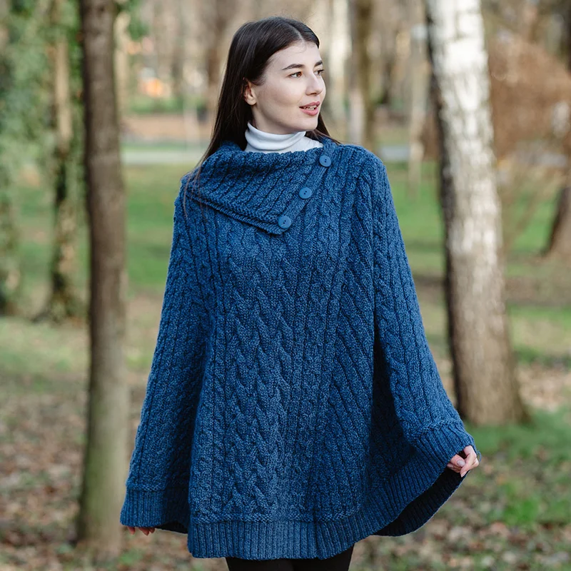 Women’s Cowl Neck Button Poncho – Pure Merino Wool - Image 4 | Caelmoon
