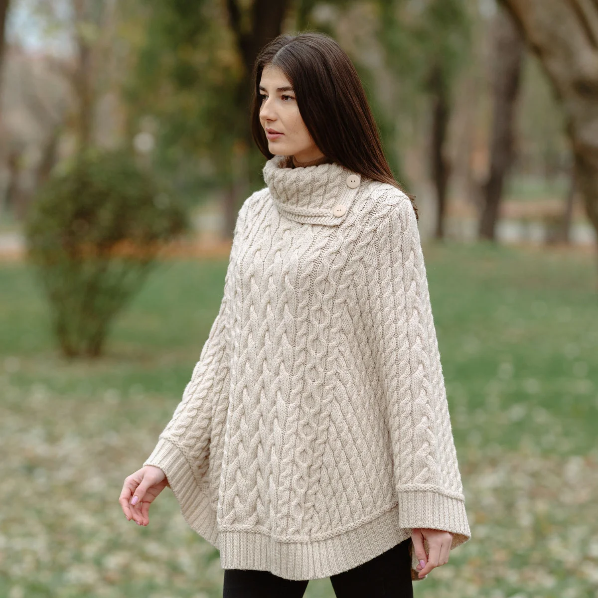 Women’s Cowl Neck Button Poncho – Pure Merino Wool - Image 5 | Caelmoon