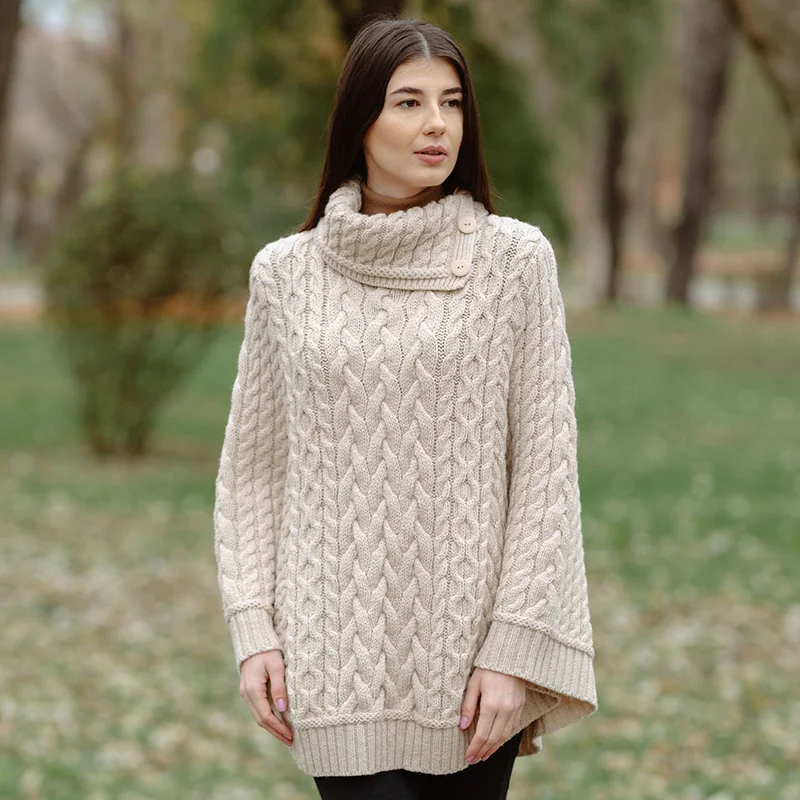 Women’s Cowl Neck Button Poncho – Pure Merino Wool - Image 1 | Caelmoon